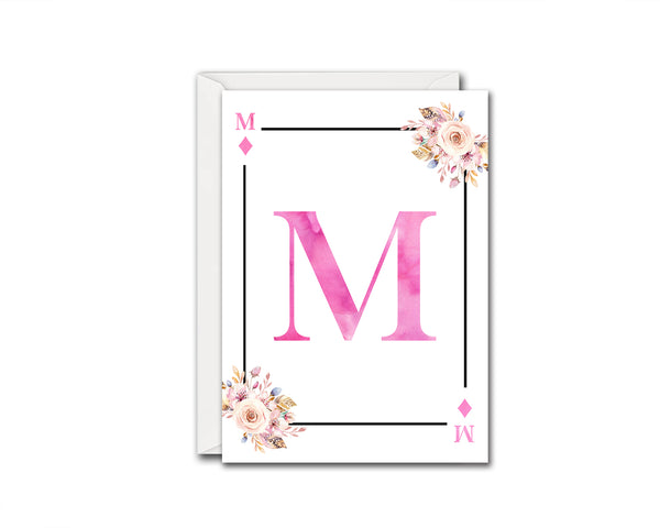 Boho Floral Bouquet Initial Flower Letter M Diamond Monogram Note Cards