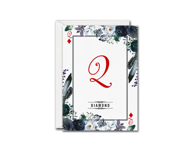 Watercolor Floral Flower Bouquet Initial Letter Q Diamond Monogram Note Cards