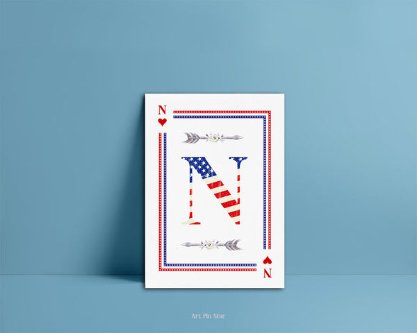 American Flag Letter N Heart Monogram Note Cards