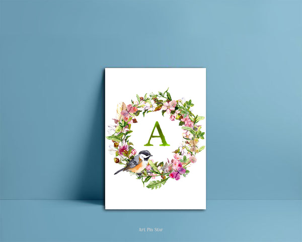 Alphabet Wreath Green Letter A Boho Floral bird Monogram Note Cards