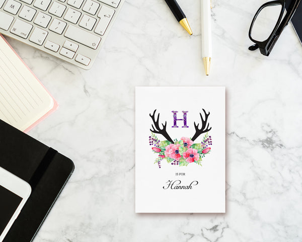 Initial Boho Floral Flower Personalized Letter H is for Name  Monogram Note Cards