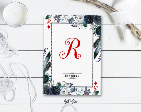 Watercolor Floral Flower Bouquet Initial Letter R Diamond Monogram Note Cards