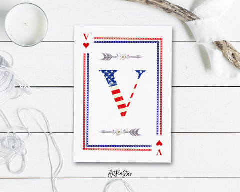American Flag Letter V Heart Monogram Note Cards