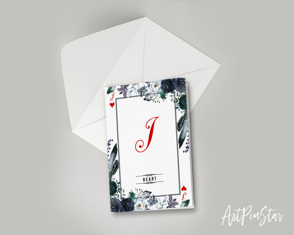 Watercolor Floral Flower Bouquet Initial Letter I Heart Monogram Note Cards