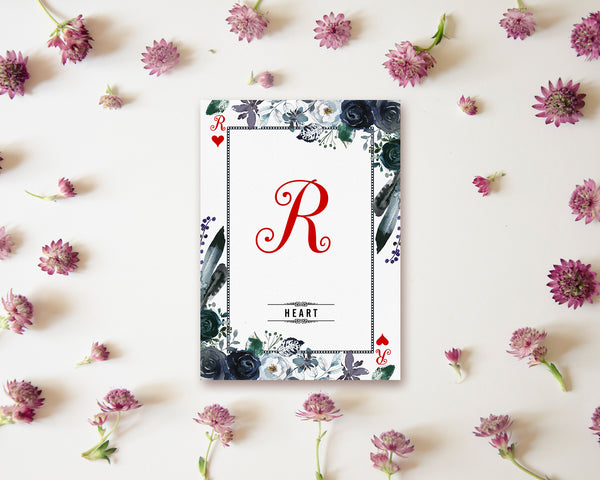Watercolor Floral Flower Bouquet Initial Letter R Heart Monogram Note Cards