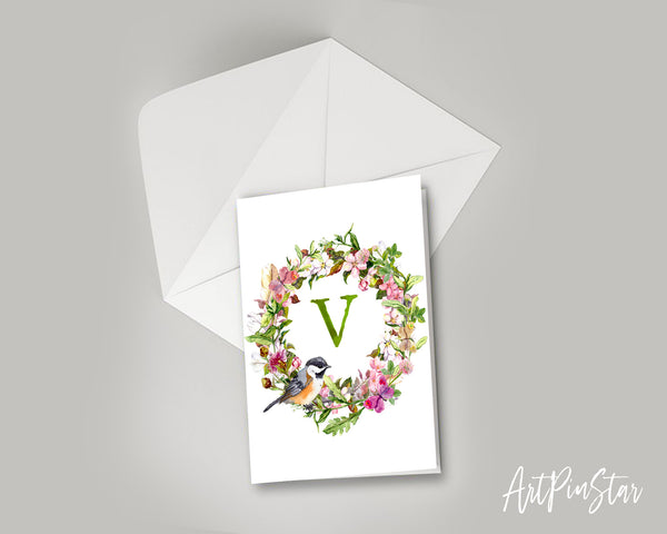 Alphabet Wreath Green Letter V Boho Floral bird Monogram Note Cards