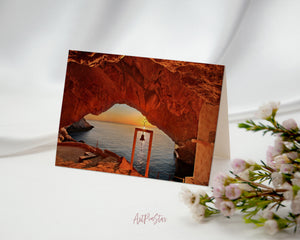 Syros Island Sunset at the cave of the Agios Stefanos, Greece Landscape Custom Greeting Cards