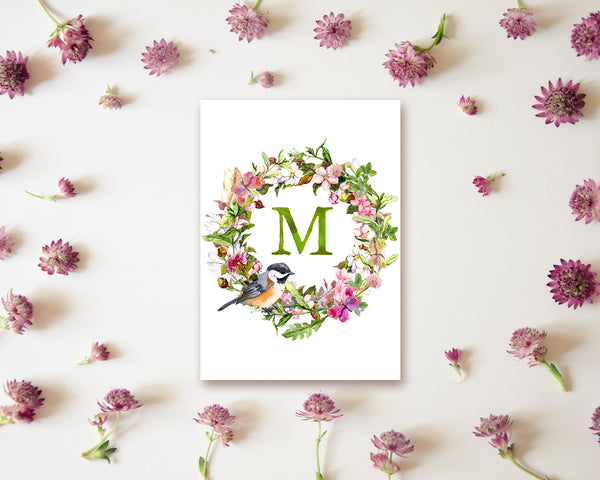Alphabet Wreath Green Letter M Boho Floral bird Monogram Note Cards