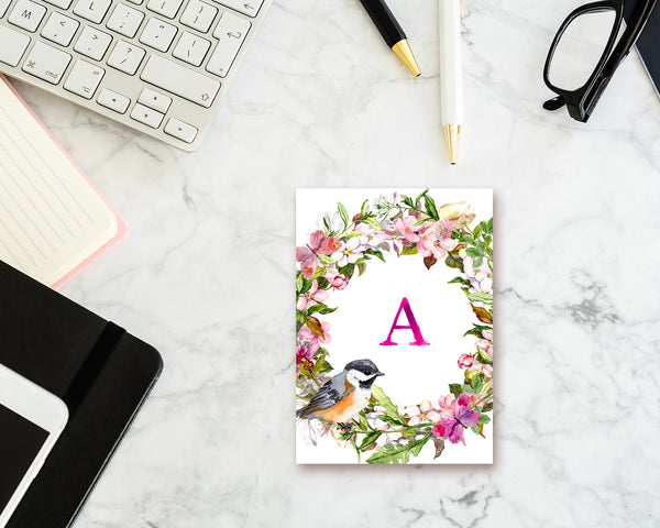 Alphabet Wreath Pink Letter A Boho Floral bird Monogram Note Cards