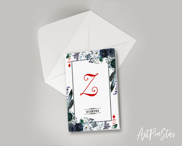 Watercolor Floral Flower Bouquet Initial Letter Z Diamond Monogram Note Cards