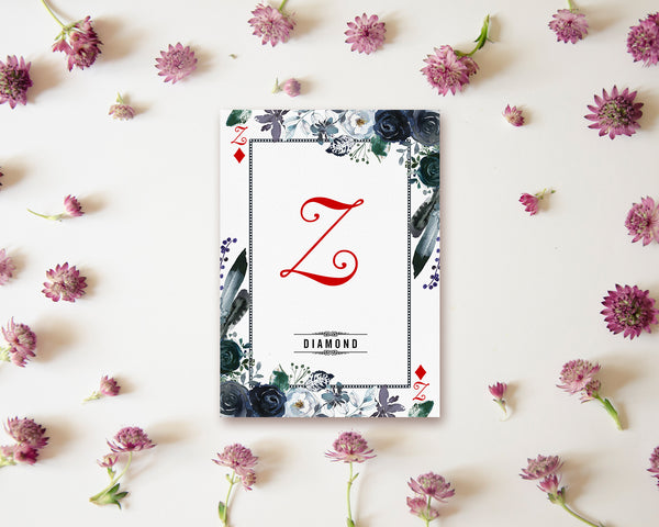 Watercolor Floral Flower Bouquet Initial Letter Z Diamond Monogram Note Cards
