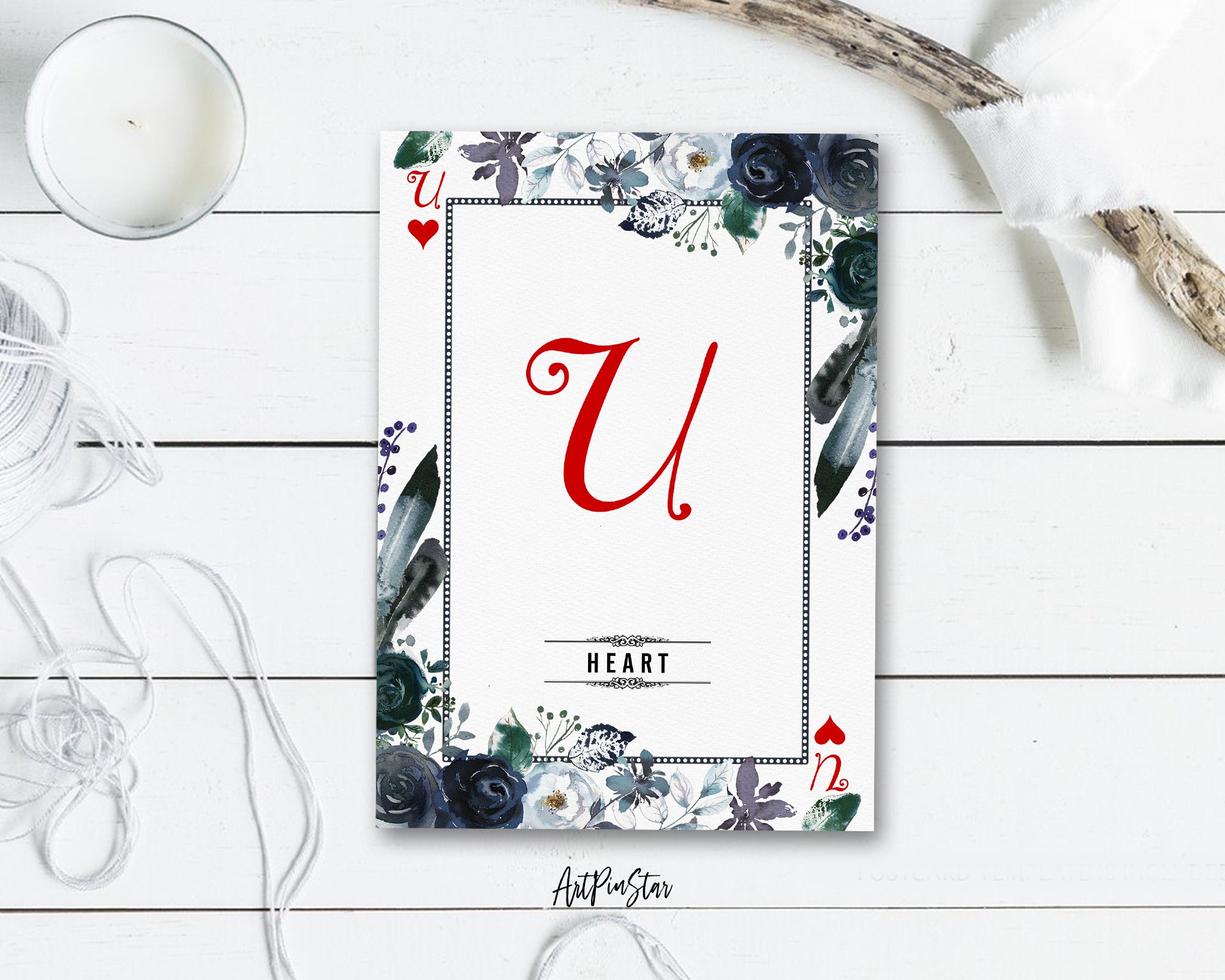 Watercolor Floral Flower Bouquet Initial Letter U Heart Monogram Note Cards