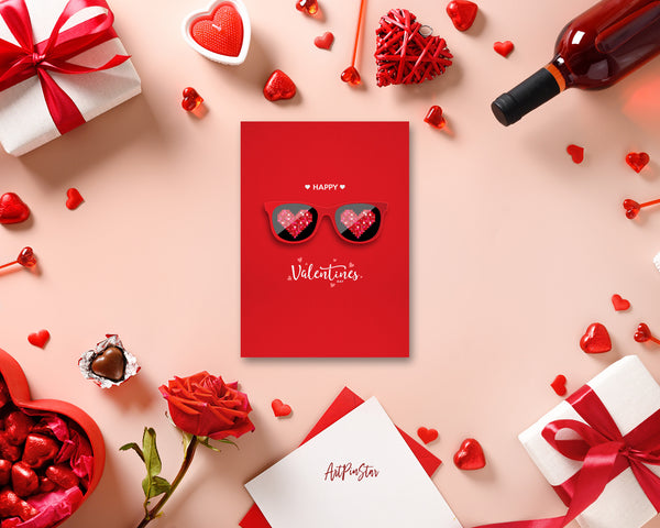 Valentine's Day Red Glasses Hearts Customized Greeting Card