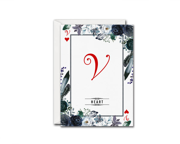 Watercolor Floral Flower Bouquet Initial Letter V Heart Monogram Note Cards