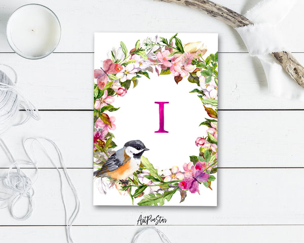 Alphabet Wreath Pink Letter I Boho Floral bird Monogram Note Cards