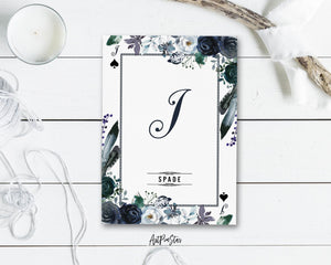 Watercolor Floral Flower Bouquet Initial Letter I Spade Monogram Note Cards
