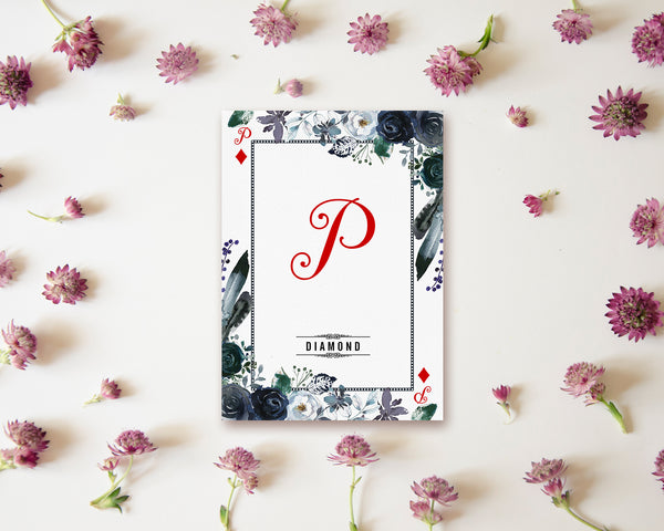 Watercolor Floral Flower Bouquet Initial Letter P Diamond Monogram Note Cards