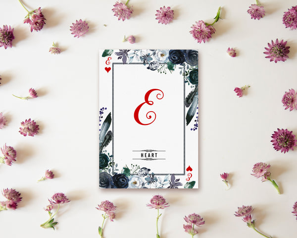Watercolor Floral Flower Bouquet Initial Letter E Heart Monogram Note Cards