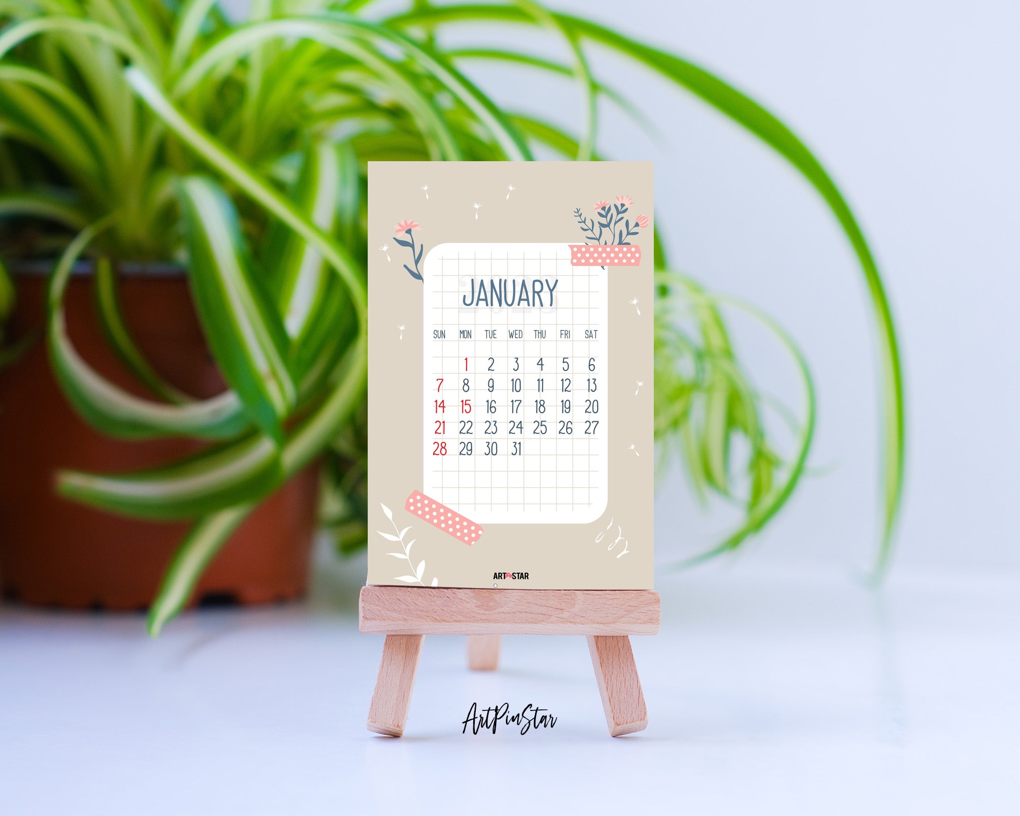 2024 Desk Calendar Colorful Flowers Contours Customizable Wooden Mini Easel Stand Art Display Holder