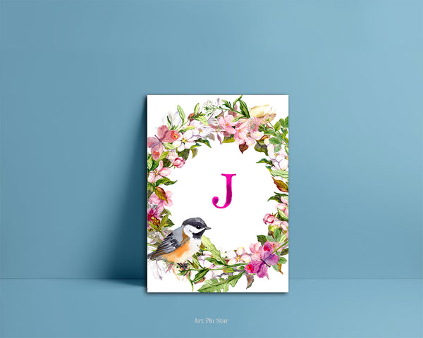Alphabet Wreath Pink Letter J Boho Floral bird Monogram Note Cards