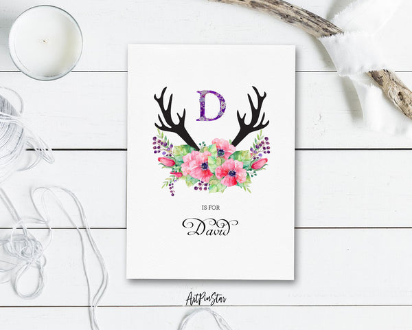 Initial Boho Floral Flower Personalized Letter D is for Name  Monogram Note Cards