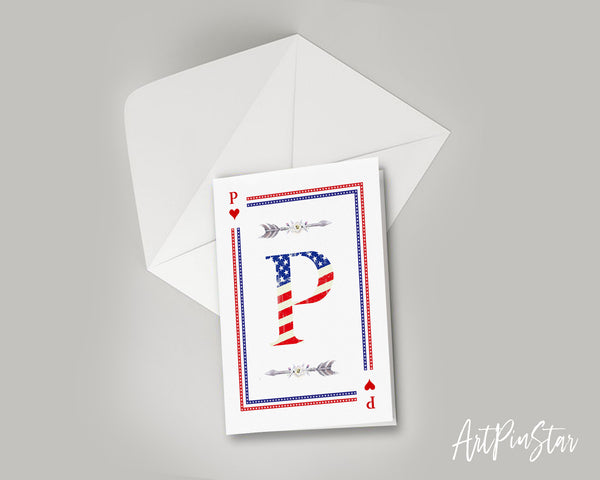 American Flag Letter P Heart Monogram Note Cards