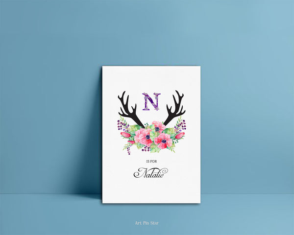 Initial Boho Floral Flower Personalized Letter N is for Name  Monogram Note Cards