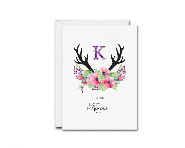 Initial Boho Floral Flower Personalized Letter K is for Name  Monogram Note Cards