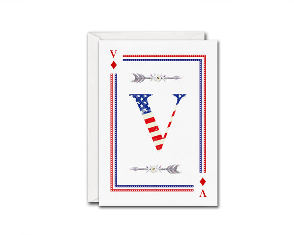 American Flag Letter V Diamond Monogram Note Cards