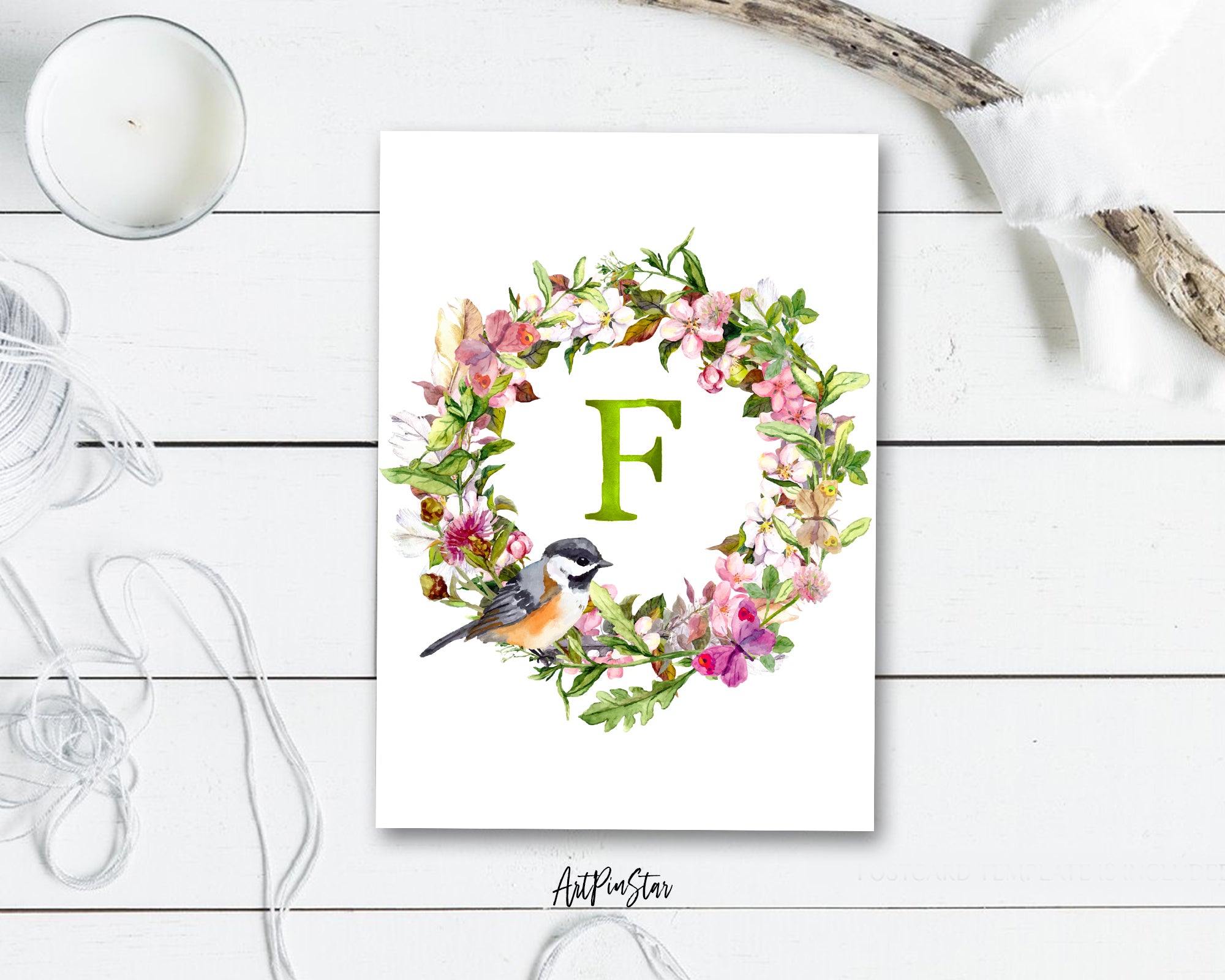 Alphabet Wreath Green Letter F Boho Floral bird Monogram Note Cards