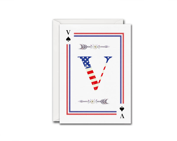 American Flag Letter V Spade Monogram Note Cards