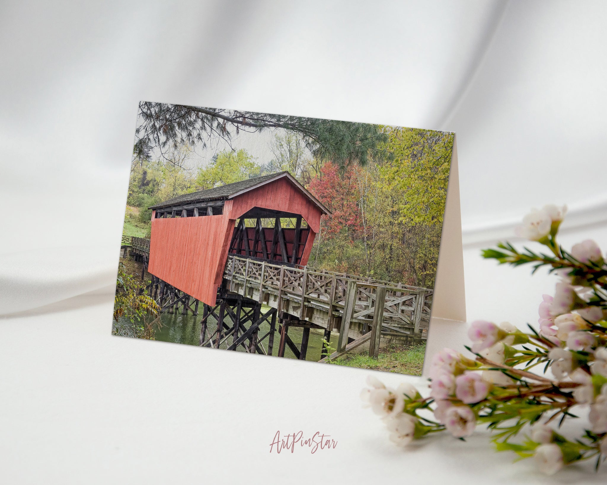 Historic Shaeffer Campbell Covered Bridge, St Clairsville, Ohio Landscape Custom Greeting Cards