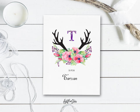 Initial Boho Floral Flower Personalized Letter T is for Name  Monogram Note Cards