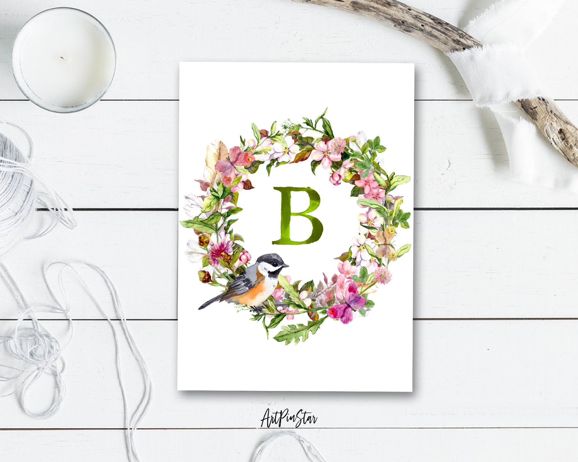 Alphabet Wreath Green Letter B Boho Floral bird Monogram Note Cards