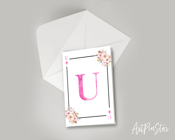 Boho Floral Bouquet Initial Flower Letter U Diamond Monogram Note Cards