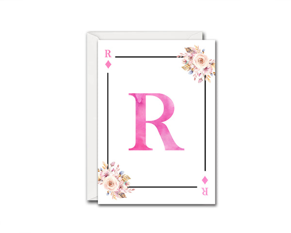 Boho Floral Bouquet Initial Flower Letter R Diamond Monogram Note Cards
