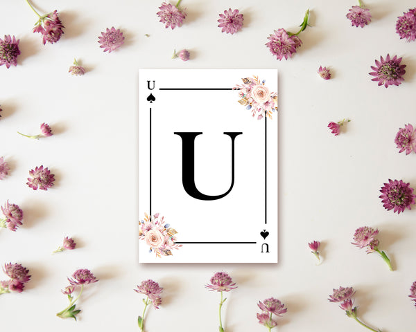 Boho Floral Bouquet Initial Flower Letter U Spade Monogram Note Cards