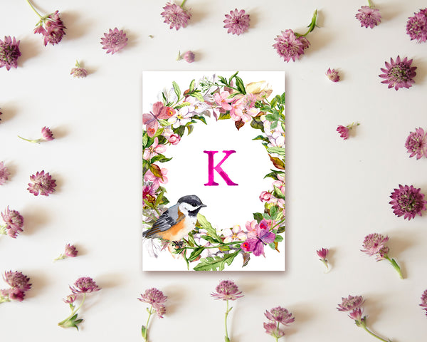 Alphabet Wreath Pink Letter K Boho Floral bird Monogram Note Cards