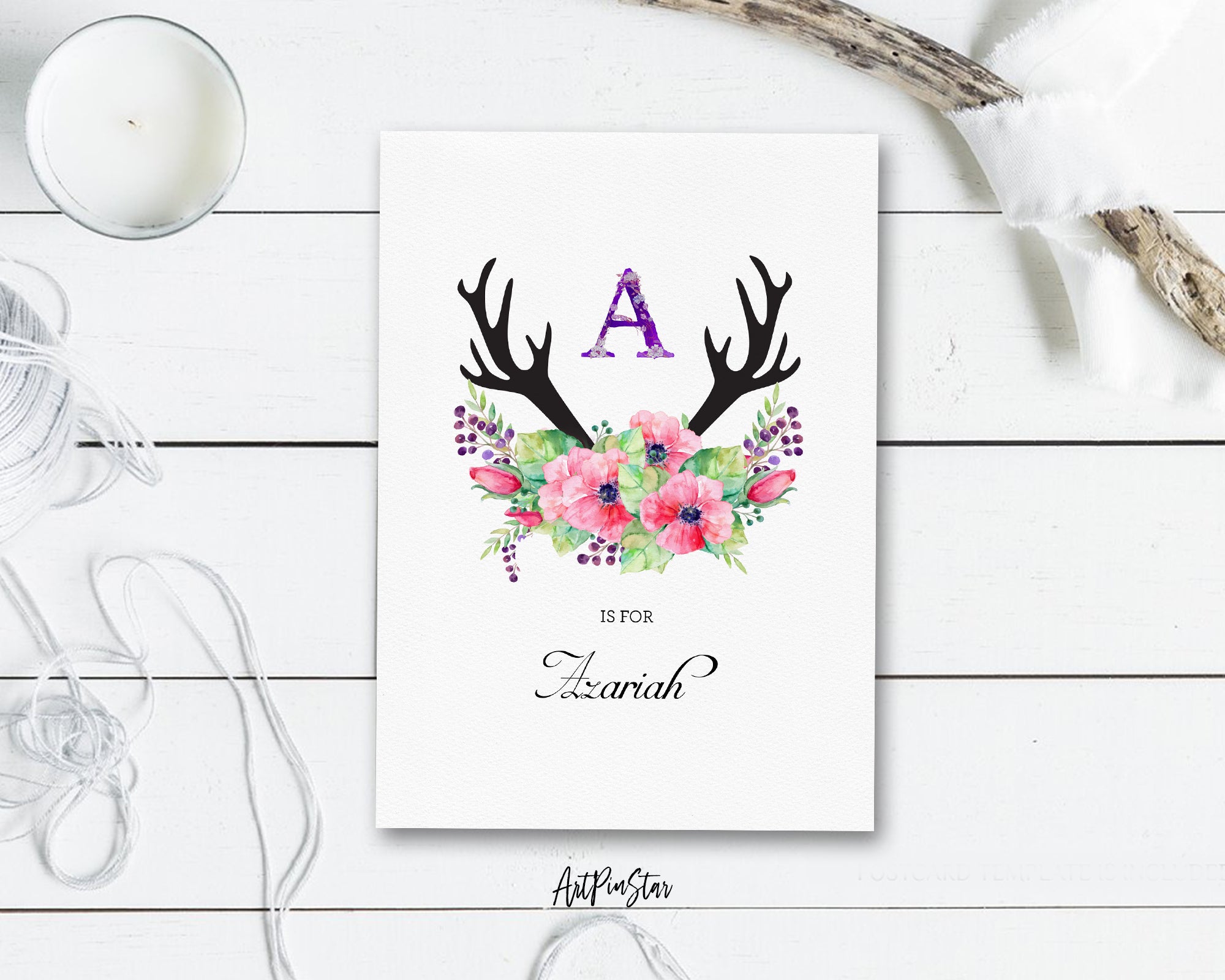 Initial Boho Floral Flower Personalized Letter A is for Name  Monogram Note Cards