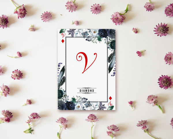 Watercolor Floral Flower Bouquet Initial Letter V Diamond Monogram Note Cards