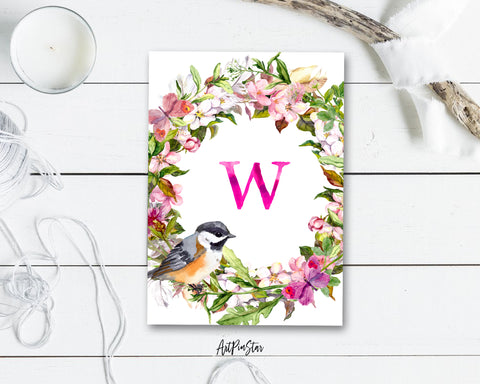 Alphabet Wreath Pink Letter W Boho Floral bird Monogram Note Cards