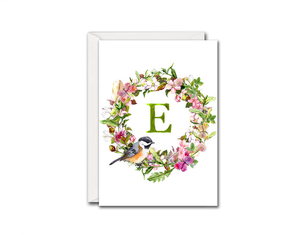 Alphabet Wreath Green Letter E Boho Floral bird Monogram Note Cards