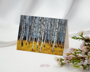 Birch Grove Tree Orange Grass Autumn Landscape Custom Greeting Cards