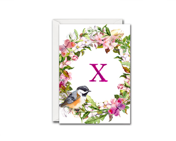 Alphabet Wreath Pink Letter X Boho Floral bird Monogram Note Cards