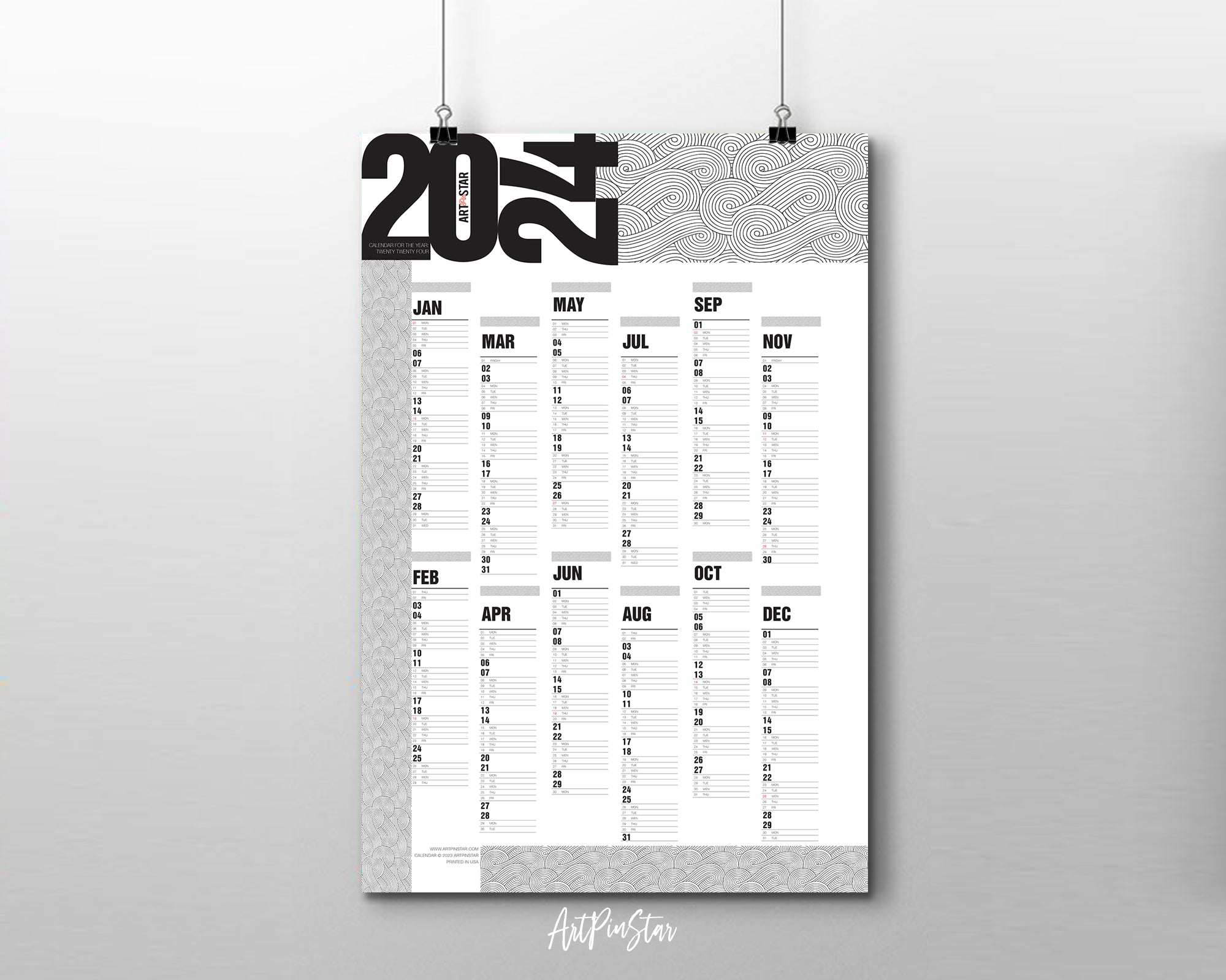 2024 Yearly Modern Customizable Year Planner at a Glance Wall Calendar