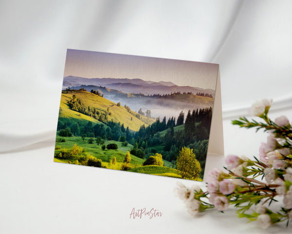 Foggy Summer Morning Mountains Carpathia, Ukraine, Europe Landscape Custom Greeting Cards