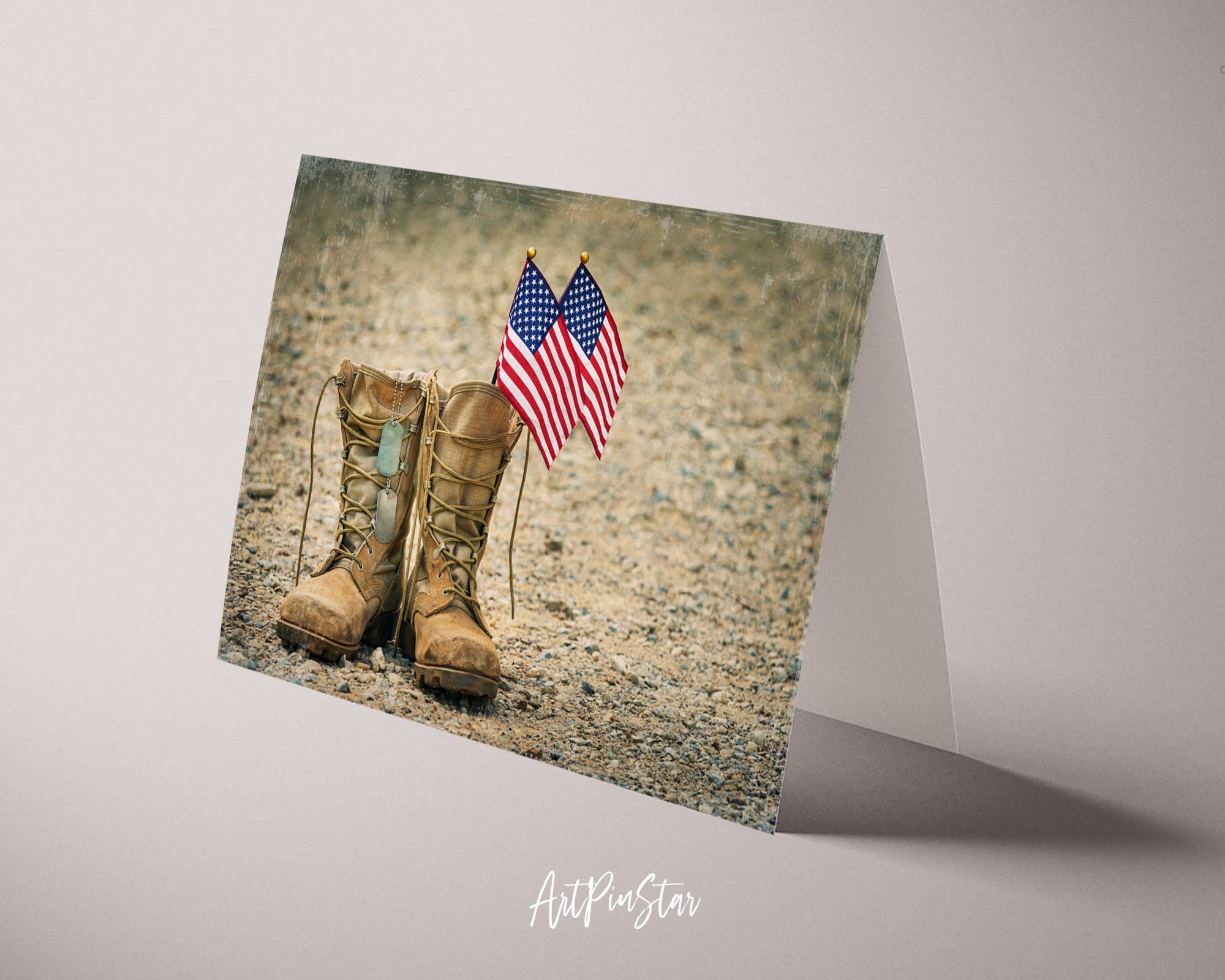 Military Combat Boots with Dog Tags and American Flags Veterans Day Custom Holiday Greeting Cards