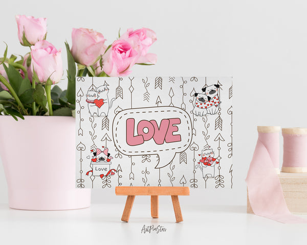 Valentine's Day Cute Cat and Pug Dog with Little Heart Customized Greeting Card