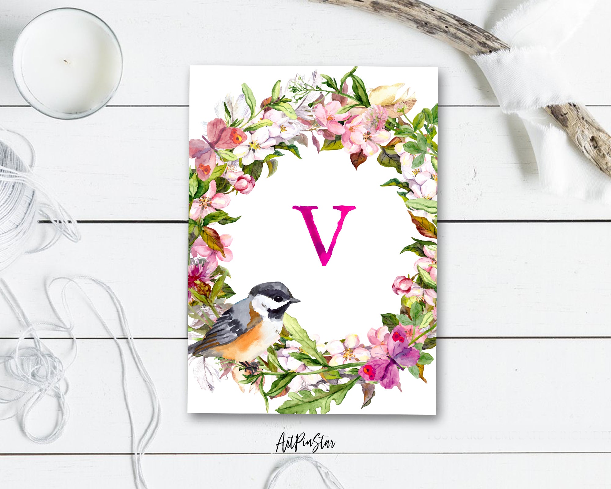 Alphabet Wreath Pink Letter V Boho Floral bird Monogram Note Cards