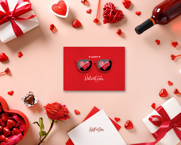 Valentine's Day Red Glasses Hearts Customized Greeting Card